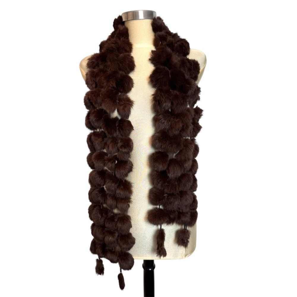 Genuine Rabbit Fur Pom Pom Scarf Dark Brown Mocha Mobwife Old Hollywood Glam